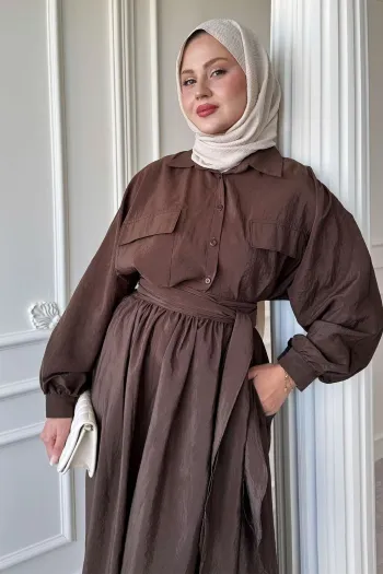 Double Pocket Balloon Sleeve Bitter Brown Skirt Suit