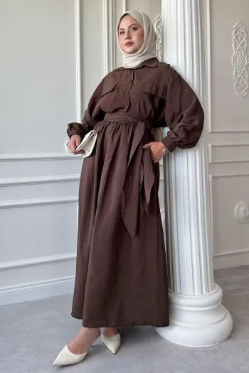 Double Pocket Balloon Sleeve Bitter Brown Skirt Suit