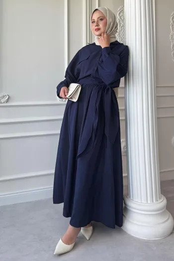 Double Pocket Balloon Sleeve Navy Blue Skirt Suit