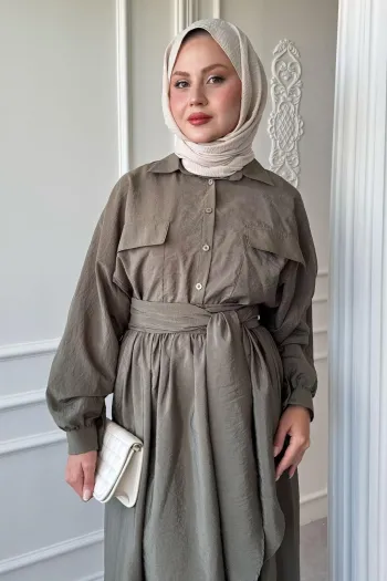 Double Pocket Balloon Sleeve Khaki Skirt Suit