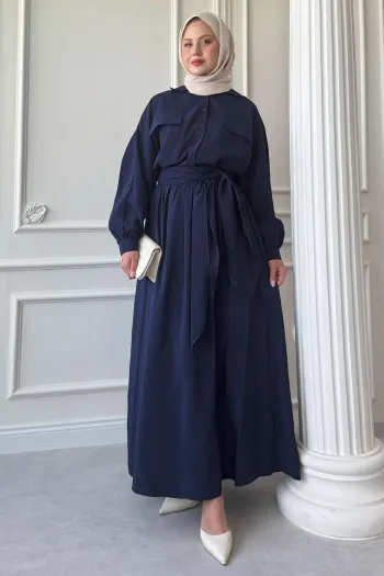 Double Pocket Balloon Sleeve Navy Blue Skirt Suit