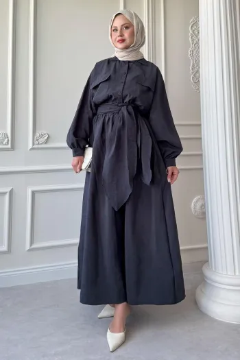Double Pocket Balloon Sleeve Anthracite Skirt Suit