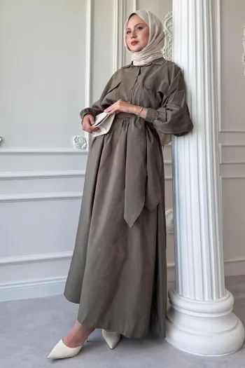 Double Pocket Balloon Sleeve Khaki Skirt Suit