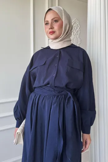 Double Pocket Balloon Sleeve Navy Blue Skirt Suit