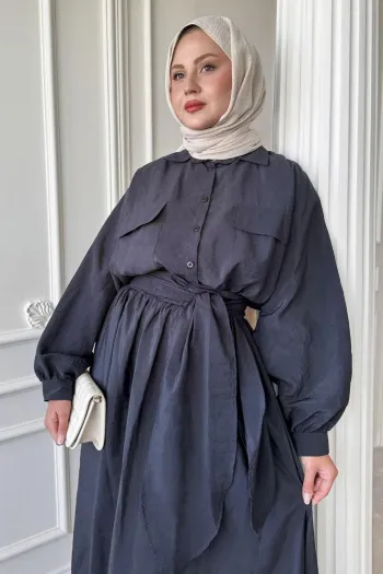 Double Pocket Balloon Sleeve Anthracite Skirt Suit