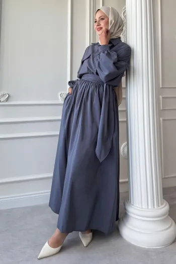 Double Pocket Balloon Sleeve Gray Skirt Suit