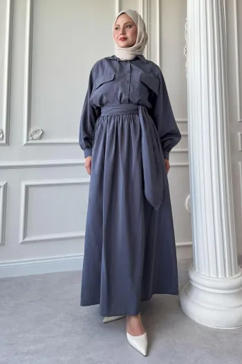 Double Pocket Balloon Sleeve Gray Skirt Suit