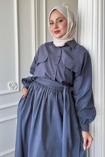 Double Pocket Balloon Sleeve Gray Skirt Suit