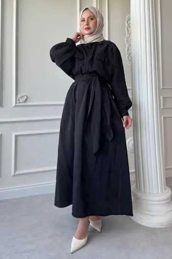 Double Pocket Balloon Sleeve Black Skirt Suit