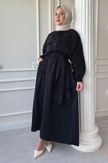 Double Pocket Balloon Sleeve Black Skirt Suit