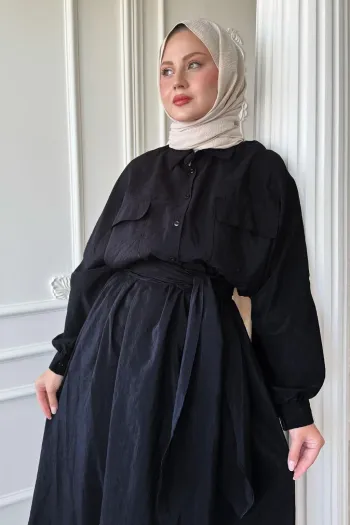 Double Pocket Balloon Sleeve Black Skirt Suit