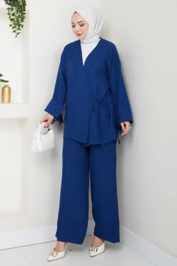 Linen Kimono Two-Piece Navy Blue Suit