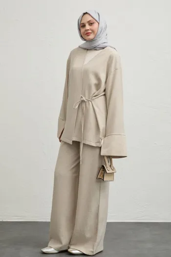 Linen Kimono Two-Piece Beige Set