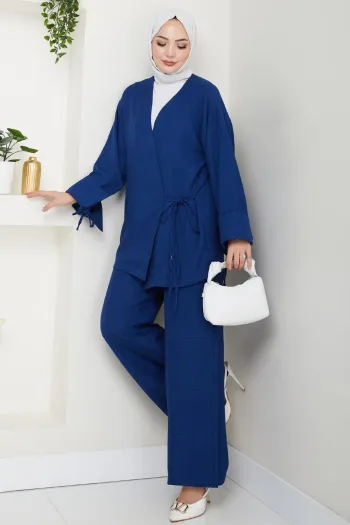 Linen Kimono Two-Piece Navy Blue Suit