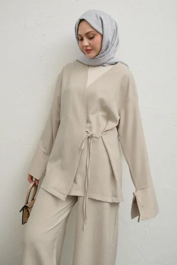 Linen Kimono Two-Piece Beige Set