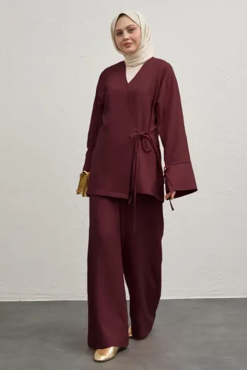 Linen Kimono Two-Piece Burgundy Suit