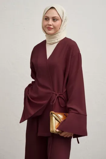 Linen Kimono Two-Piece Burgundy Suit
