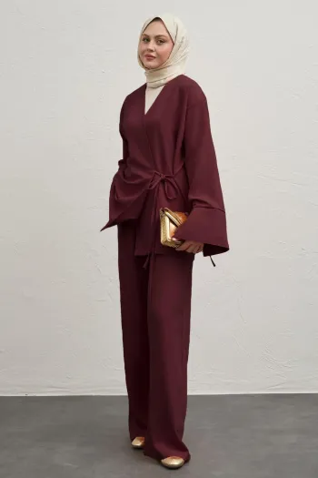 Linen Kimono Two-Piece Burgundy Suit