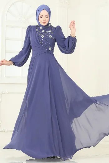 QUAL Indigo Chiffon Evening Dress with Stones on the Front