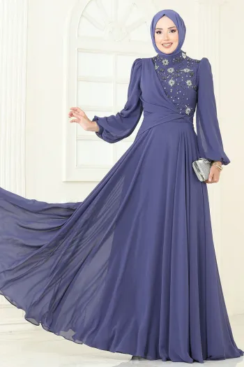 QUAL Indigo Chiffon Evening Dress with Stones on the Front