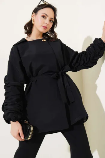 Gathered Sleeve Belted Jacket Black