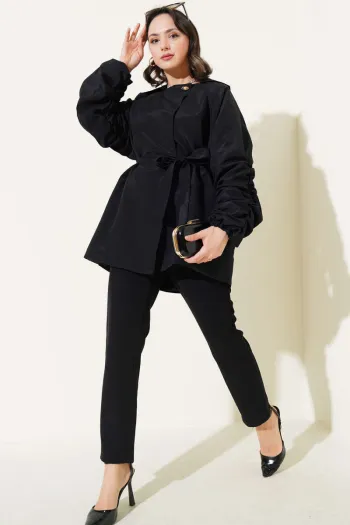 Gathered Sleeve Belted Jacket Black