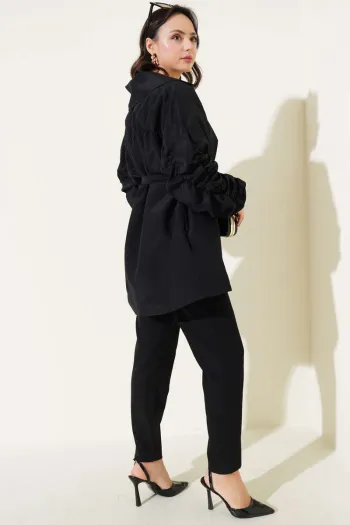 Gathered Sleeve Belted Jacket Black