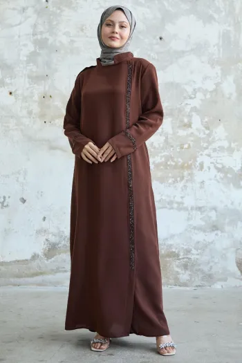 Tan Abaya with Stoned Collar and Front Yoke