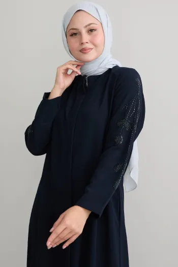 Navy Blue Abaya with Leaf and Pearl Sleeves
