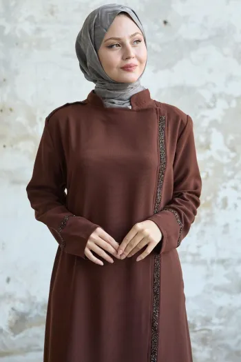 Tan Abaya with Stoned Collar and Front Yoke