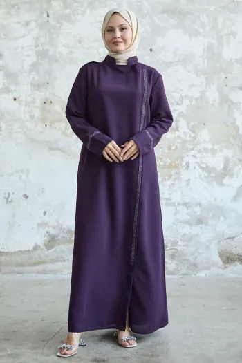 Plum Abaya with Stoned Collar and Front Yoke
