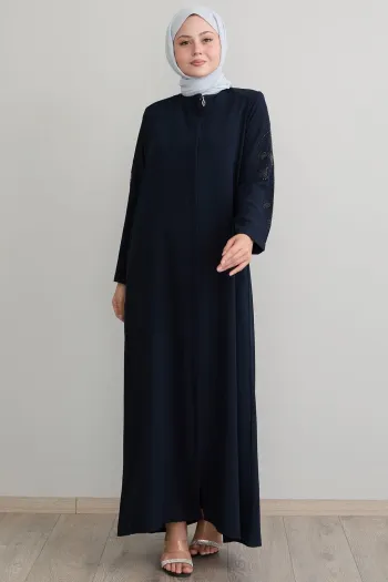 Navy Blue Abaya with Leaf and Pearl Sleeves