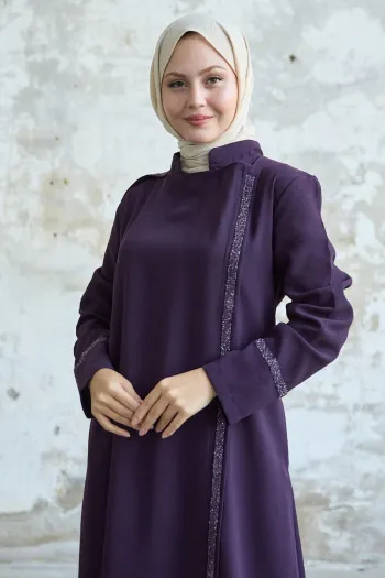 Plum Abaya with Stoned Collar and Front Yoke