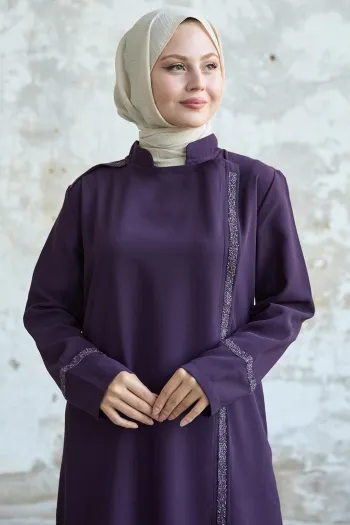 Plum Abaya with Stoned Collar and Front Yoke