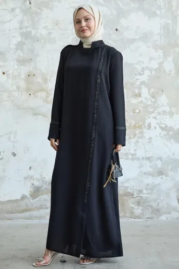Black Abaya with Stoned Collar and Front Yoke