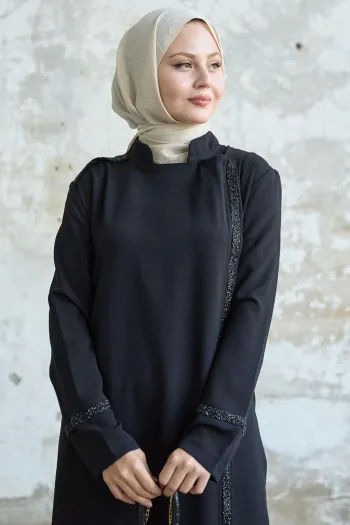 Black Abaya with Stoned Collar and Front Yoke