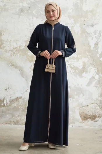 Navy Blue Abaya with Half-Piece Sleeves and Ribbed Hem