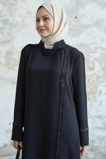 Black Abaya with Stoned Collar and Front Yoke