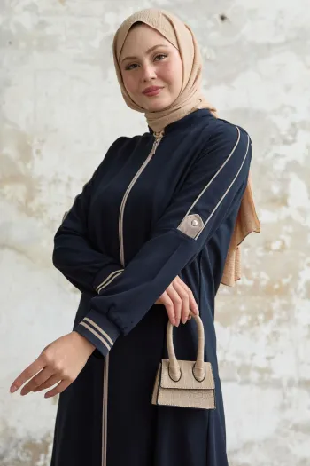 Navy Blue Abaya with Half-Piece Sleeves and Ribbed Hem