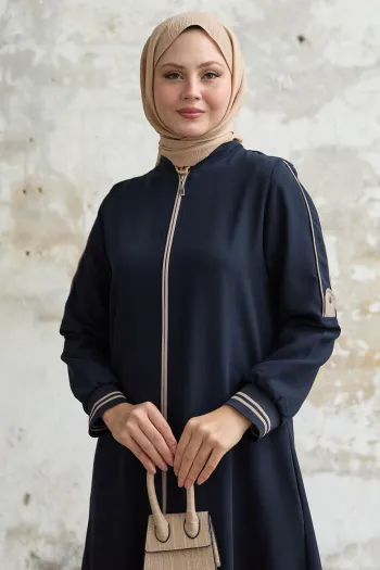 Navy Blue Abaya with Half-Piece Sleeves and Ribbed Hem