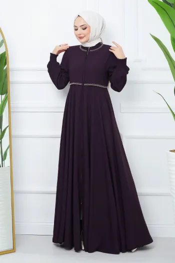Embroidered Mevlana Fabric Damson Abaya