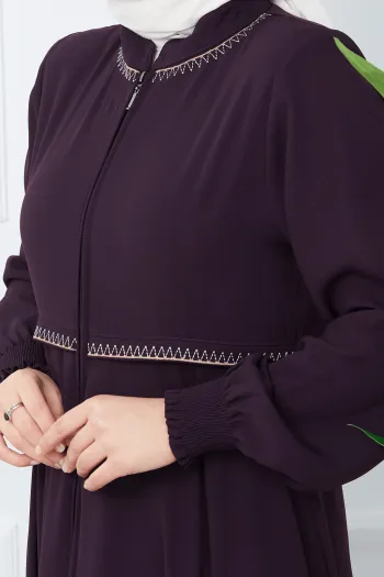 Embroidered Mevlana Fabric Damson Abaya