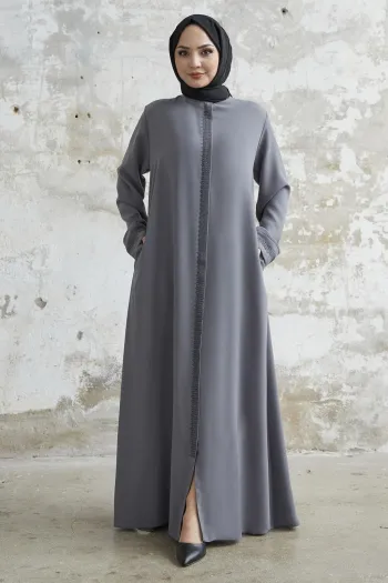 Gray Abaya with Stone Robe Detail