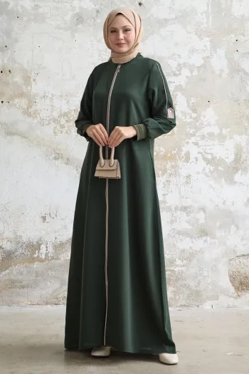 Khaki Abaya with Half Piping and Ribbed Sleeves