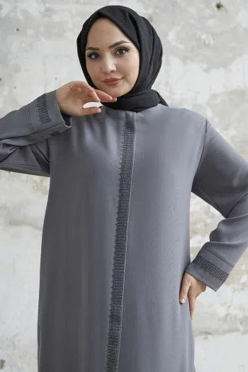Gray Abaya with Stone Robe Detail