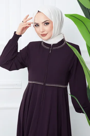 Embroidered Mevlana Fabric Damson Abaya