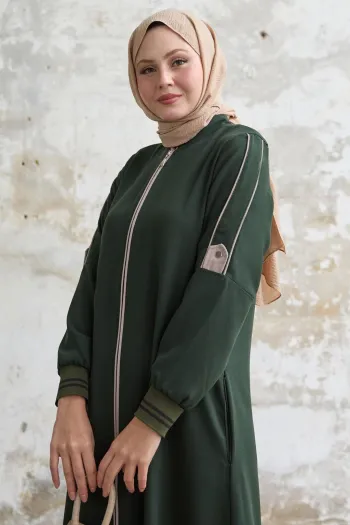 Khaki Abaya with Half Piping and Ribbed Sleeves