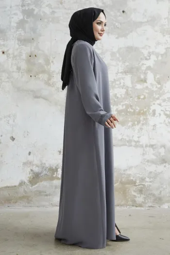 Gray Abaya with Stone Robe Detail