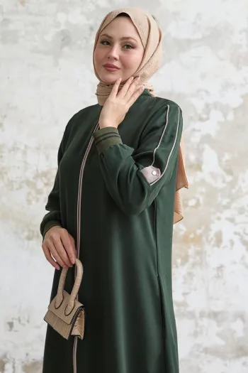 Khaki Abaya with Half Piping and Ribbed Sleeves