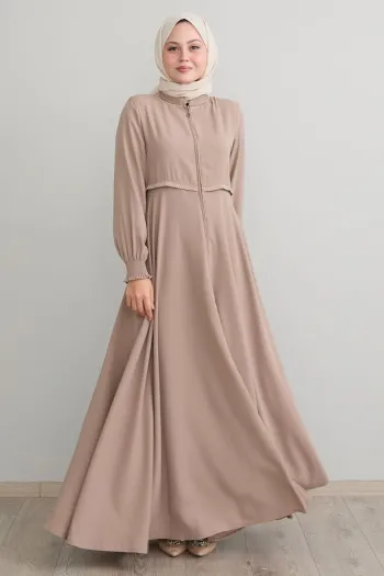 Embroidered Mevlana Fabric Beige Abaya